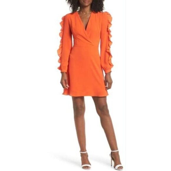 Clover And Stone Bright Tangerine Flirty Ruffle Sleeve Party Dress S - Picture 1 of 7